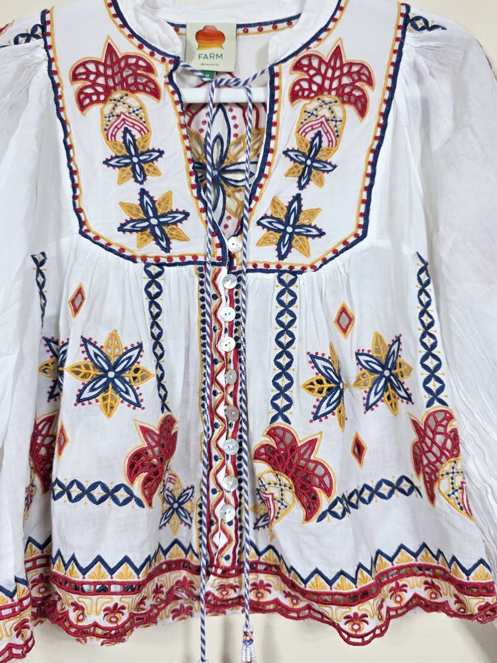 FARM RIO MARY TILES OFF-WHITE EMBROIDERED BLOUSE SIZE M MSRP $ 280 - Picture 6 of 12